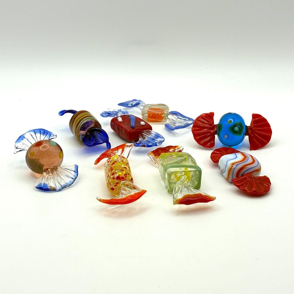 Vintage Murano Style Art Glass Wrapped Candy Lot of 8 Colorful Twist Hand Blown - Picture 3 of 8